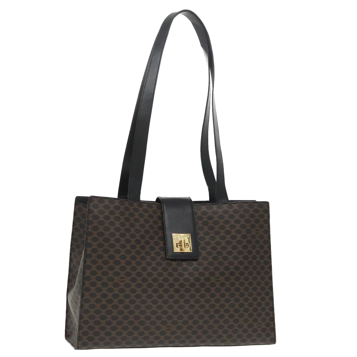 Celine Macadam Canvas Shoulder Bag Pvc Leather Black Gold Auth 99656